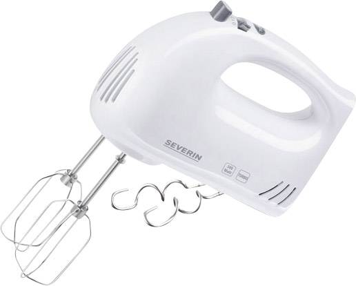 En vit handmixer med två vispar och två degkrokar ligger på sidan. Den har en ergonomisk form och manöverknappar på ovansidan.