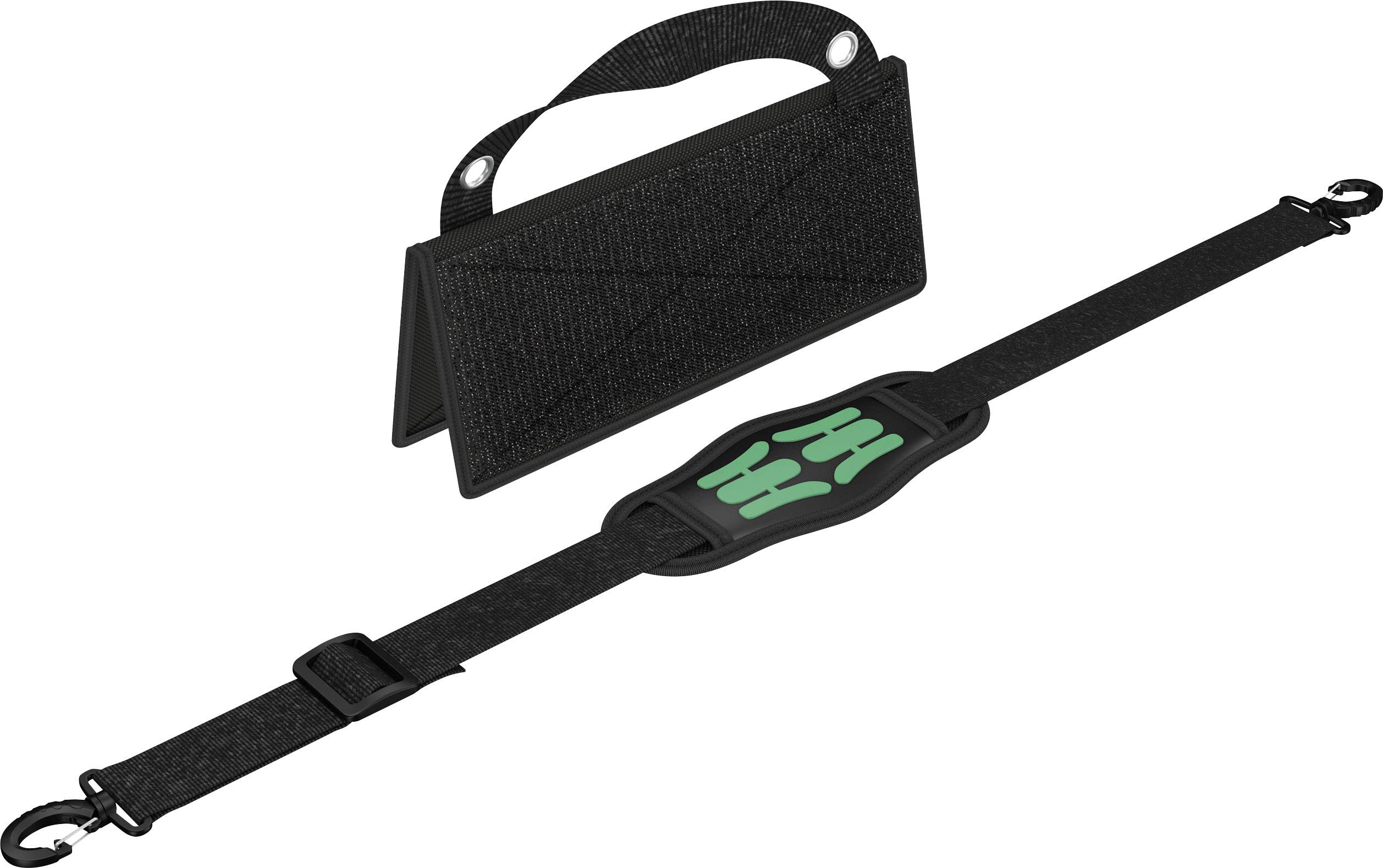 Svart axelrem med båge och plastbeslag, justerbar i längd, lämplig för fastsättning av föremål.