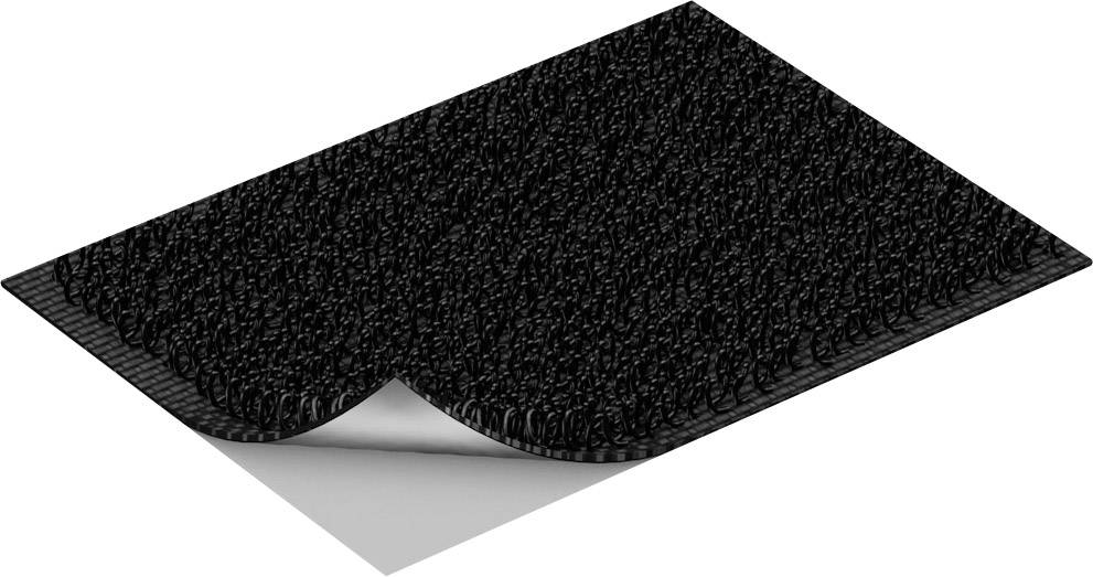En svart golvmatta med texturerad yta, lätt uppfälld i ett hörn, visar en vit undersida.