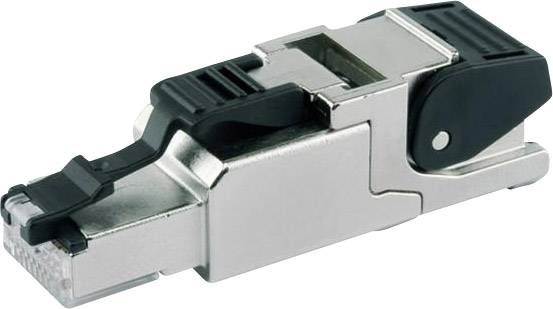 En silverfärgad RJ45-kontakt med svart hävarm, för anslutning av nätverkskablar, ligger på en vit bakgrund.