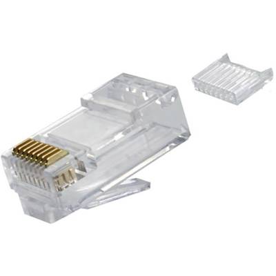 En genomskinlig RJ45-kontakt med guldpläterade kontakter, används för anslutning av nätverkskablar och datornätverk.