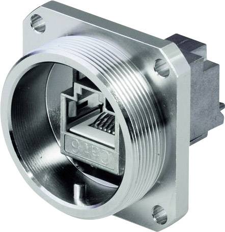 Metallisk nätverksuttag med rektangulär form, lämplig för robusta miljöer. Visar ett standard RJ45-anslutningsfält.