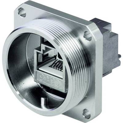 Metallisk nätverksuttag med rektangulär form, lämplig för robusta miljöer. Visar ett standard RJ45-anslutningsfält.