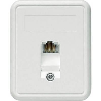 En vit nätverksuttag med Ethernet-anslutning, monterad på en vägg.