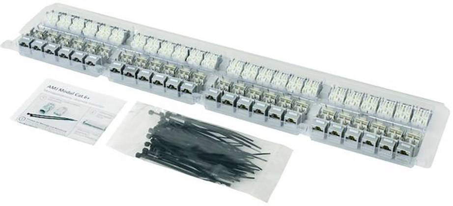 Fördelningsdosset med kabelbindare och instruktioner. Innehåller flera kontaktdon i ett transparent plastfodral.