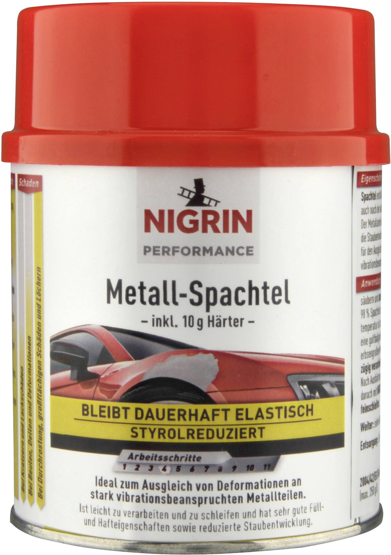Burk med rött lock, märkt 'Nigrin Metall-Spackel'. Innehåller elastomer-spackel, lämplig för metallreparationer.