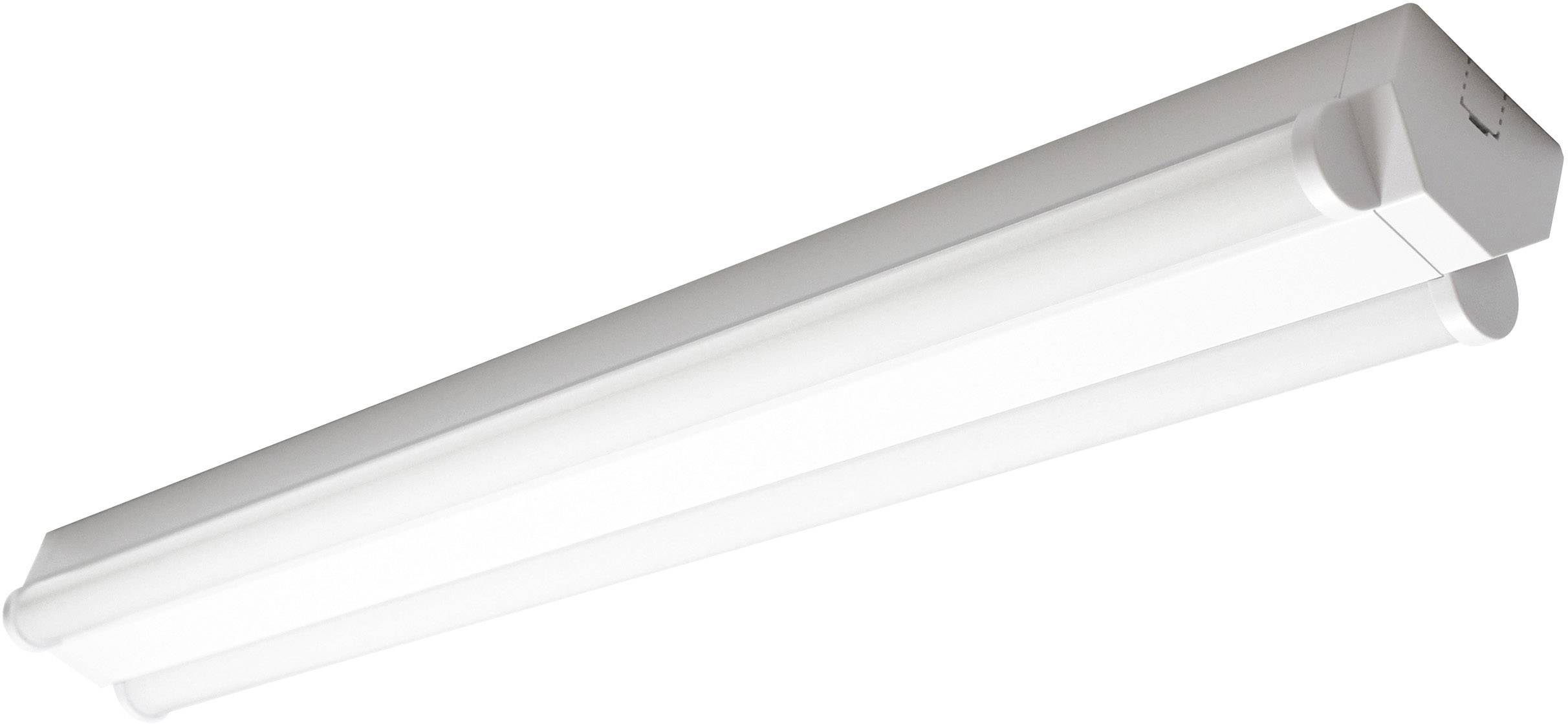 En vit, avlång LED-armatur, lämplig för takmontering, visar lampans design och orientering.
