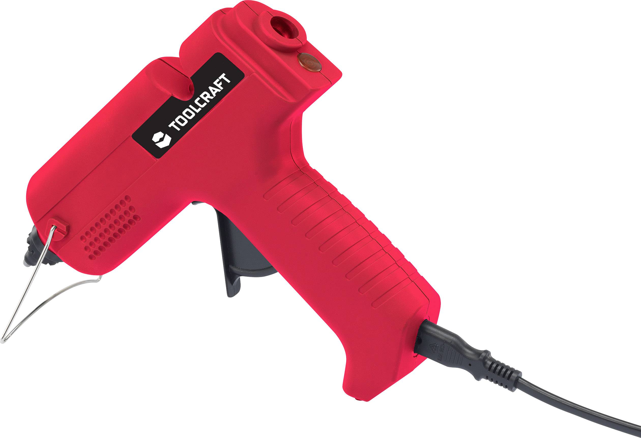 Röd limpistol med nätkabel, sedd från sidan, mot vit bakgrund.
