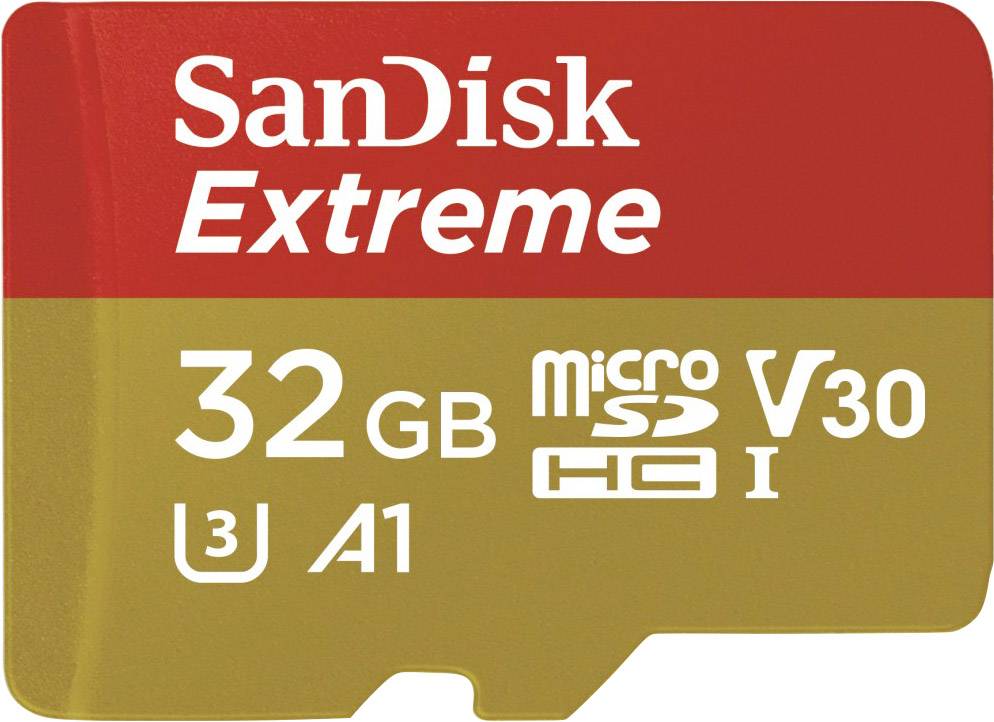 SanDisk Extreme microSD-kort med 32 GB lagringskapacitet, V30-hastighet, U3 och A1 prestandaklass. Perfekt för hög dataöverföringshastighet.