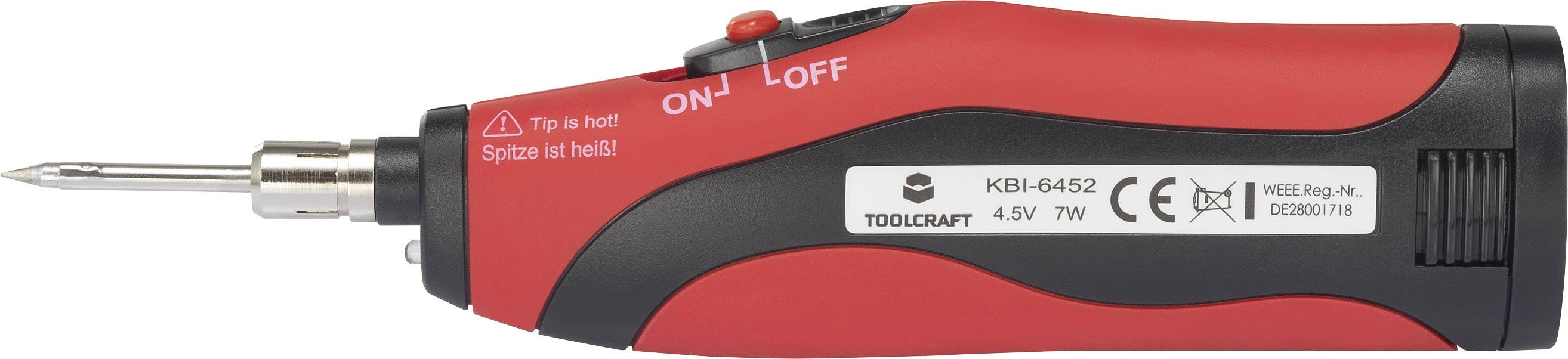 Elektrisk skruvmejsel i rött och svart med vippströmbrytare för på/av, märkning 'Spetsen är het'. Varumärke och tekniska data tryckt.