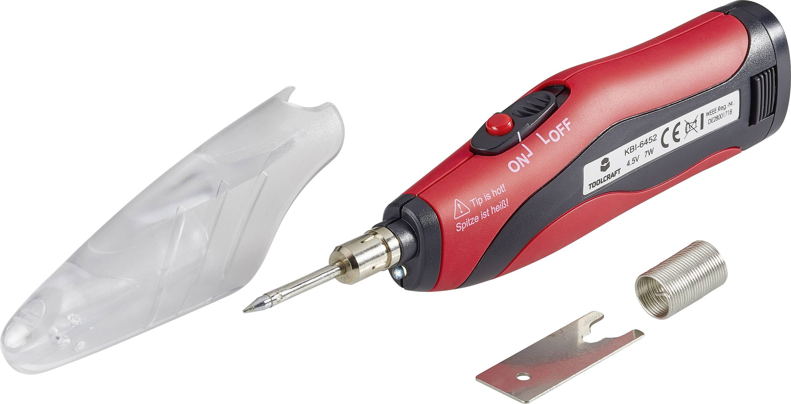 En röd gasdriven lödkolv med avtagbart skydd, strömbrytare för 'På' och 'Av', och medföljande tillbehör.