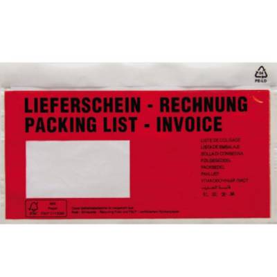Rött dokument med vitt fält, påskrift: 'Följesedel - Faktura. Packing List - Invoice' på flera språk.