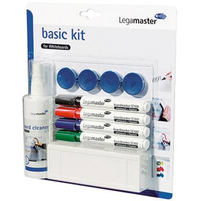Legamaster baskit för whiteboards med fyra pennor, fyra magneter, sprayrengöringsmedel och rengöringsduk i transparent förpackning.