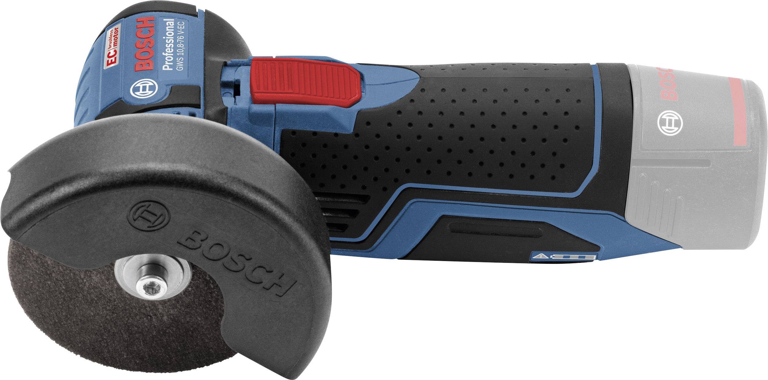 Batteridriven vinkelslip från Bosch, modell i blått och svart med skyddshuv och ergonomiskt handtag.