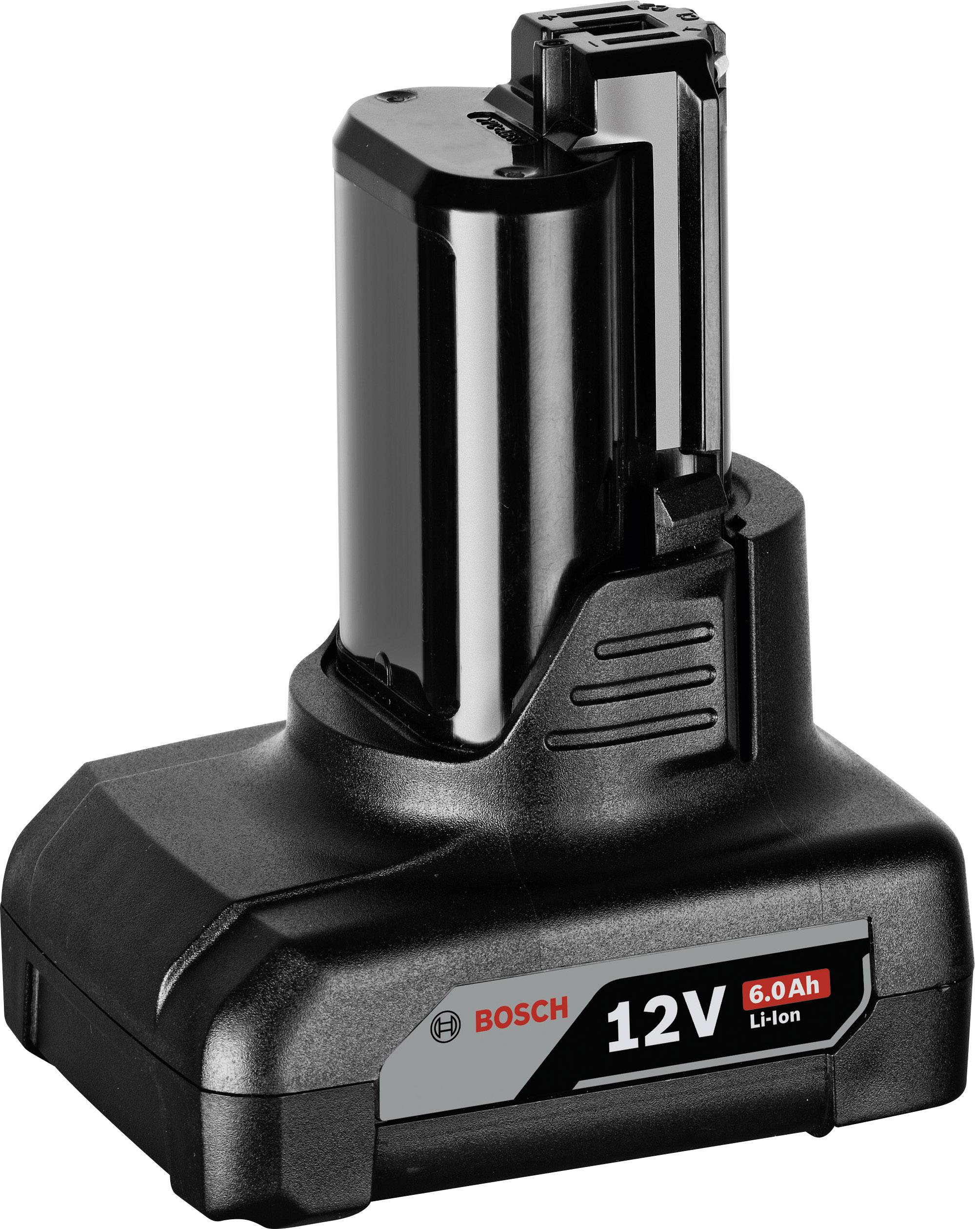 Svart Bosch 12V Li-Ion batteri med 6,0 Ah kapacitet, rektangulär bas och vertikal laddningsinsats, lämplig för kompatibla verktyg.