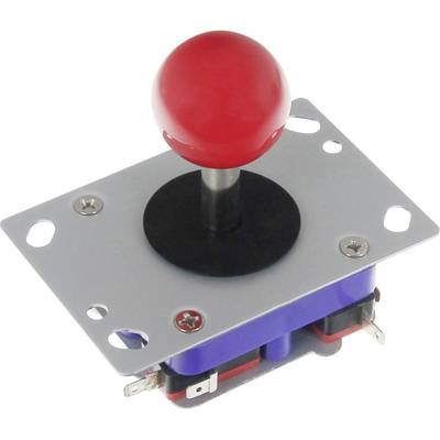 En röd joystick med en metallisk basram. Joysticken har ett rundligt, rött klot som handtag och hålls fast av fyra skruvar.