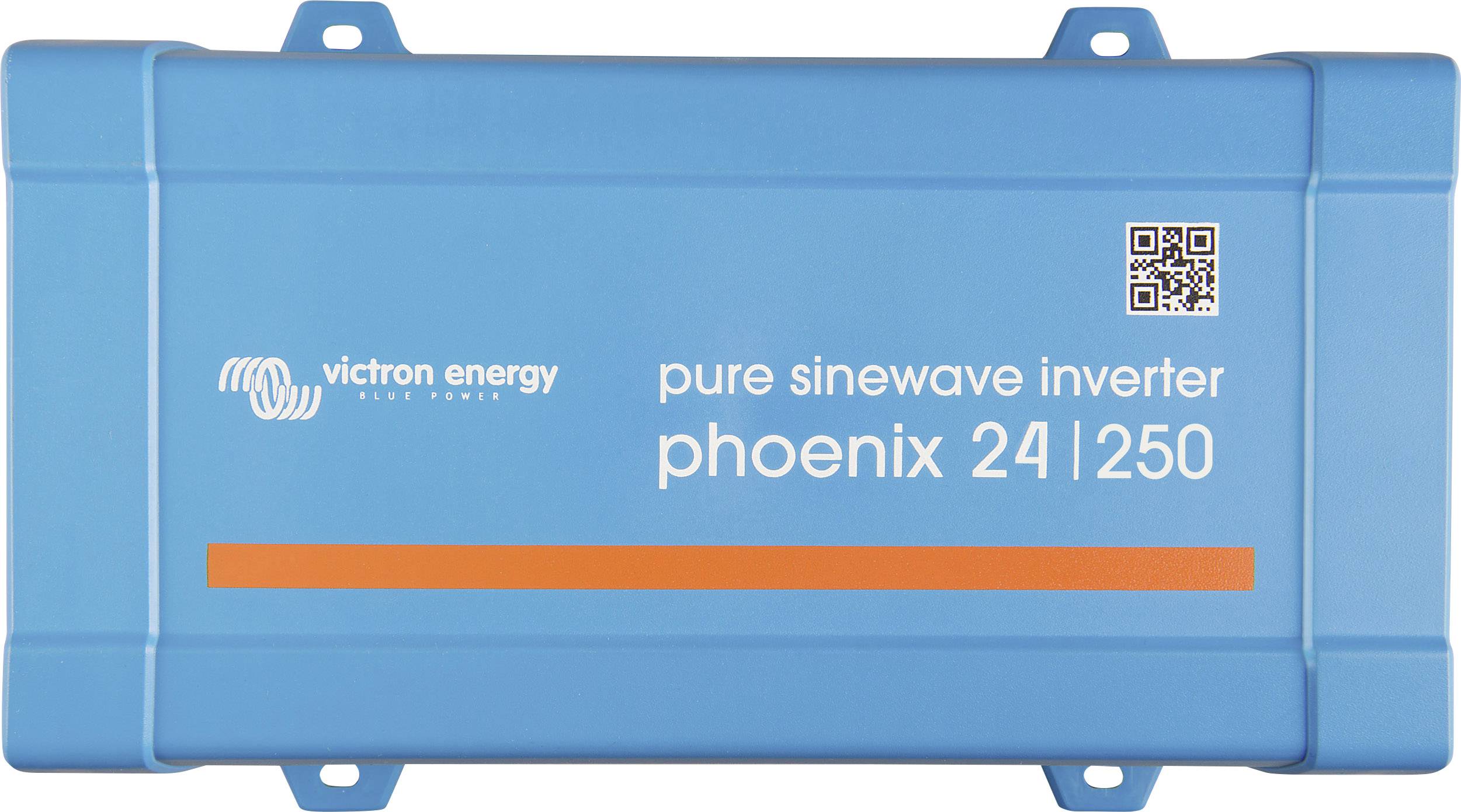 Blå låda med texten 'victron energy pure sinewave inverter phoenix 24 | 250' och QR-kod i övre högra hörnet.