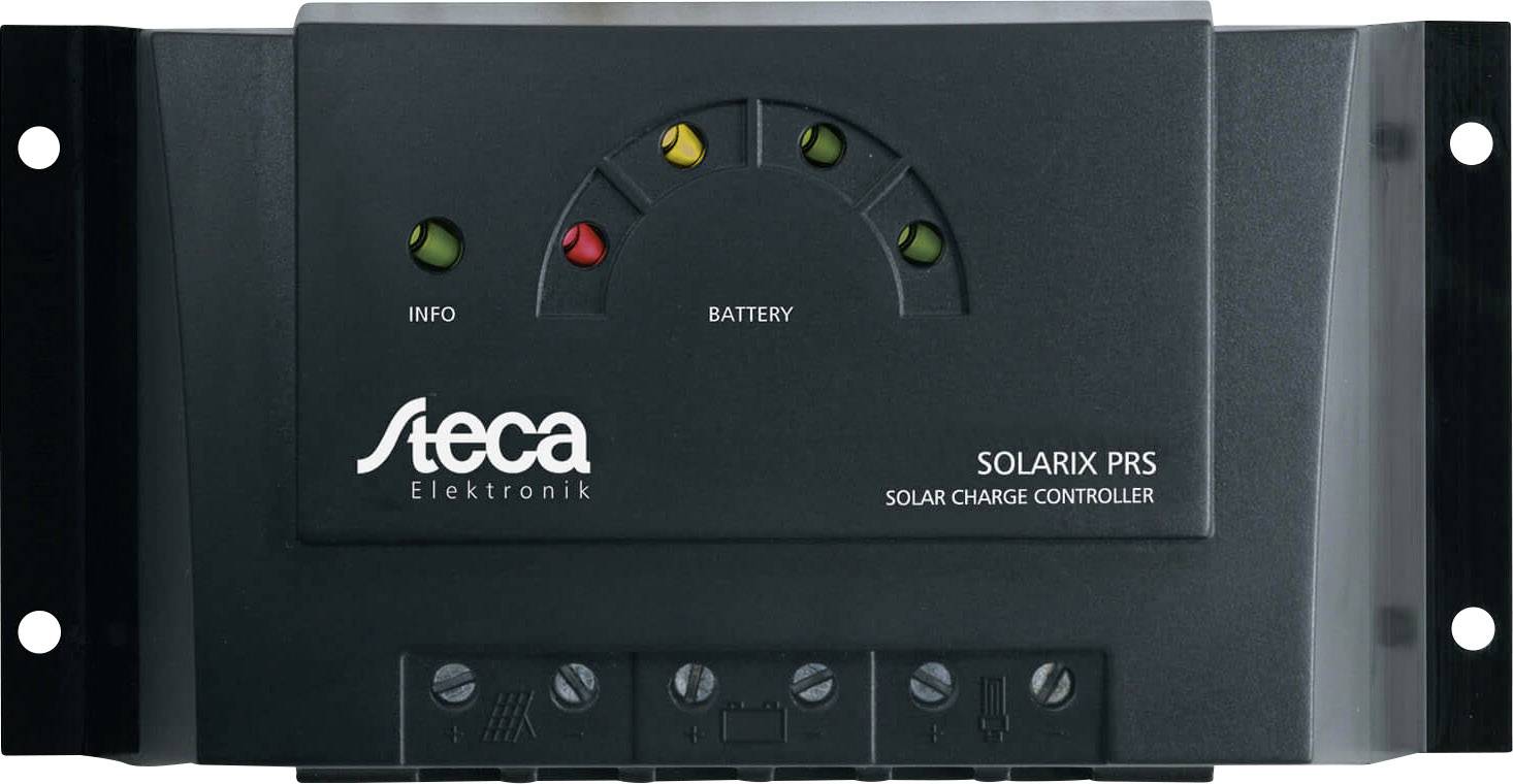 Steca Solarix PRS solarladdningsregulator: Visar info- och batterilampor. Modell för effektiv solcellsladdning.