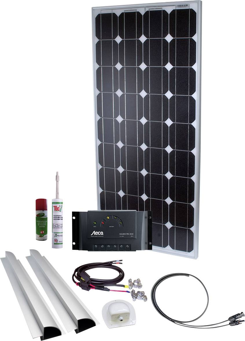 Solpanelskit med solpanel, laddningsregulator, fästskenor, kablar och tillbehör för anslutning, färdigt för montering och användning.