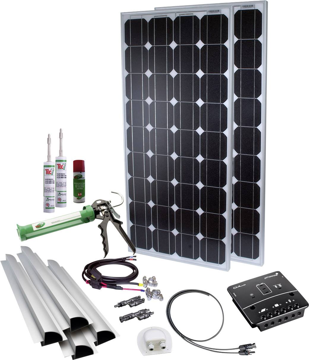 Solarpanelskit med två solpaneler, installationstillbehör, kablar och styrenhet, för självständig elproduktion.