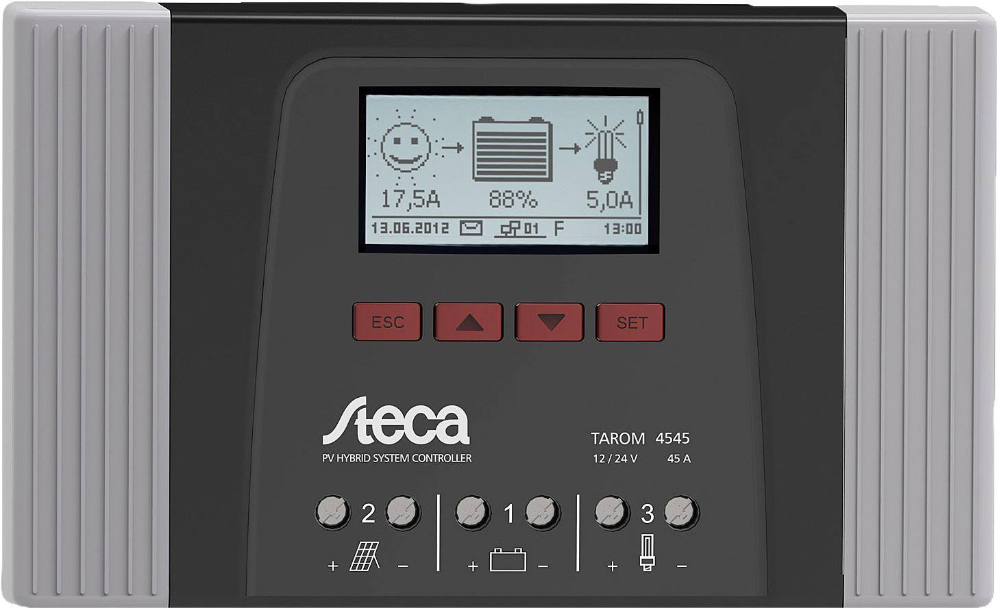 Solcellsladdregulator med LCD-display visar 17,5A, 88% batterinivå, 5,0A last. Knappar: ESC, -, +, SET. Datum: 13.06.2012, 13:00.