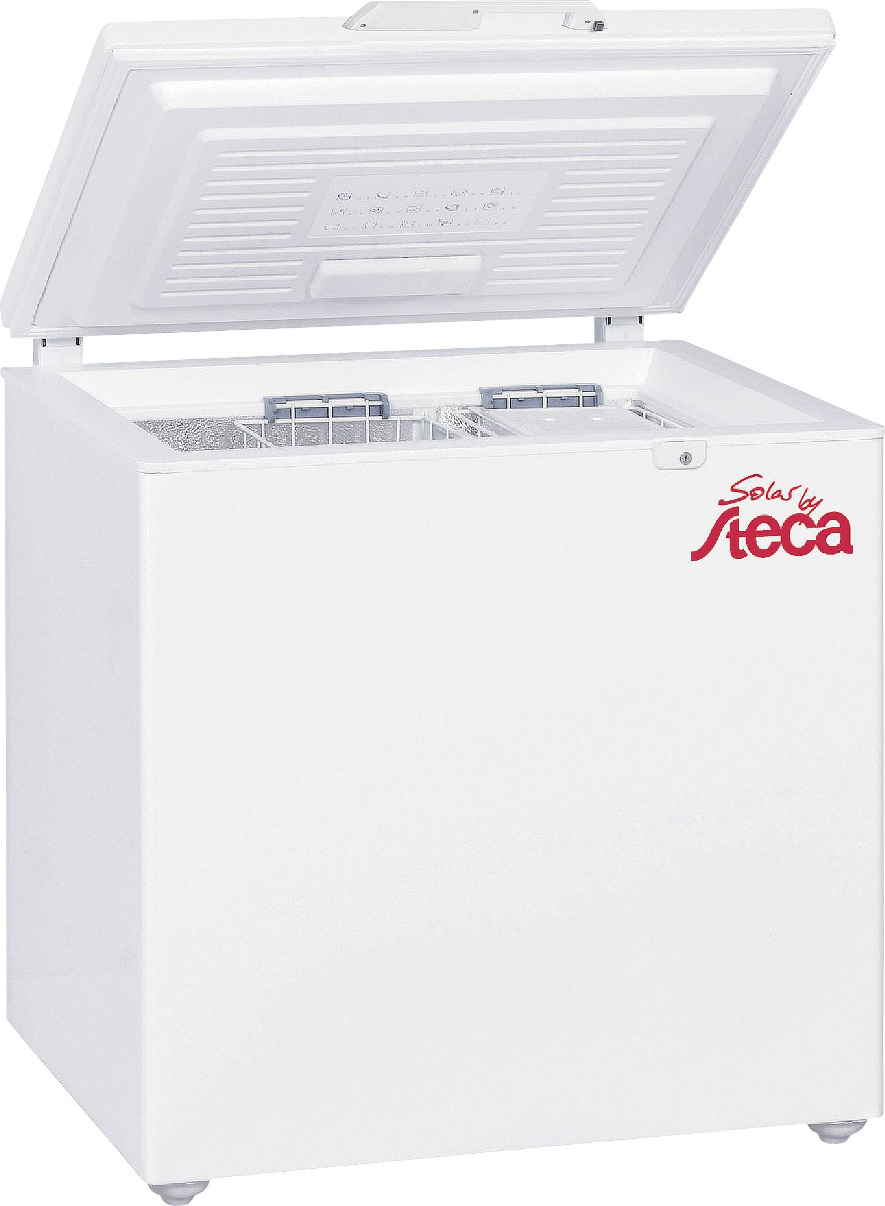 En öppnad, vit frys från Steca med två korgar inuti, märkt med logotypen 'Solar Steca'.
