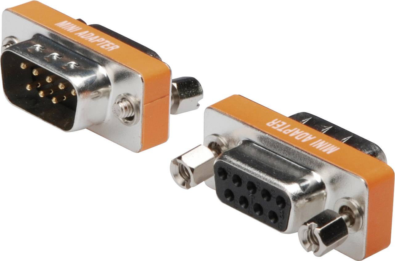Två mini-adaptrar i orange och silver. Den ena visar framsidan med stift, den andra baksidan med kontakter.