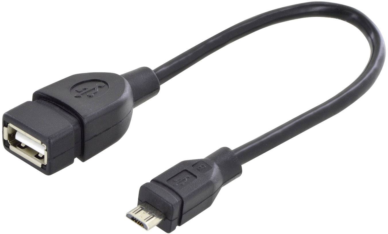 Ett svart USB-OTG-kabel med standard-USB-kontakt på ena sidan och en mikro-USB-kontakt på den andra sidan.