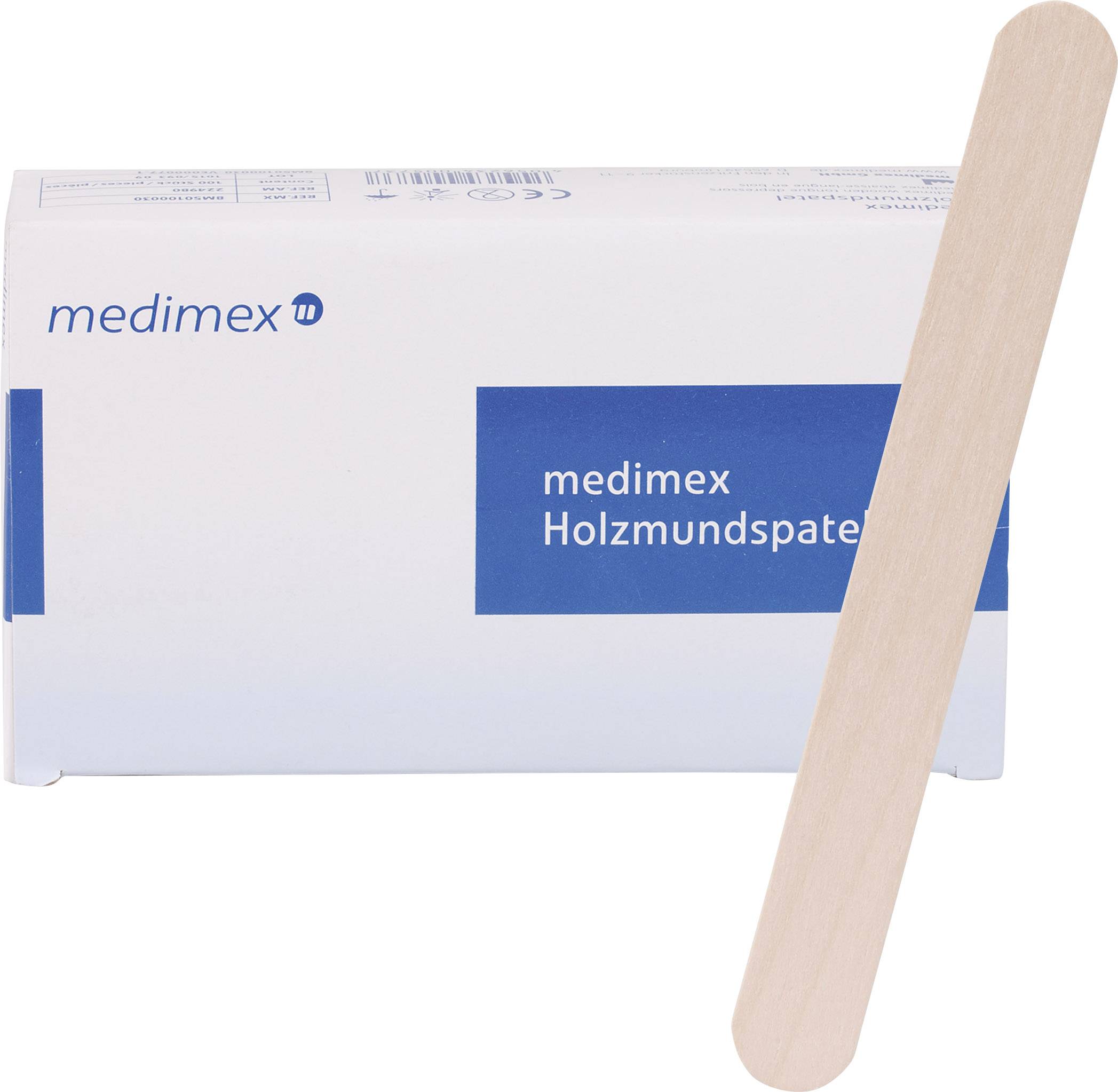 En Medimex-förpackning med texten 'medimex träspatel' och en enskild träspatel ligger framför.