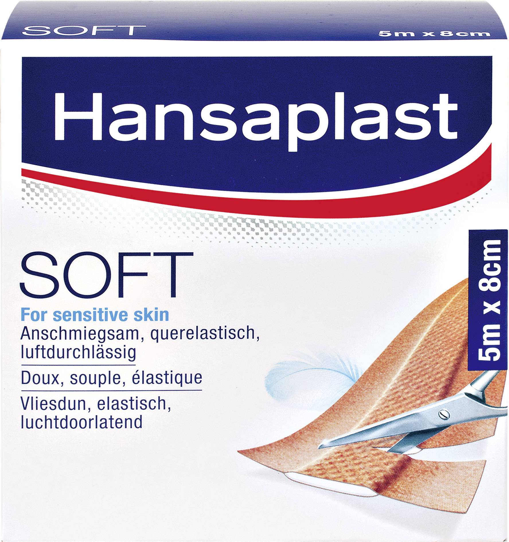 Förpackning för Hansaplast plåster, 5m x 8cm, för känslig hud, mjuk och andningsbar, med bild av en sax.