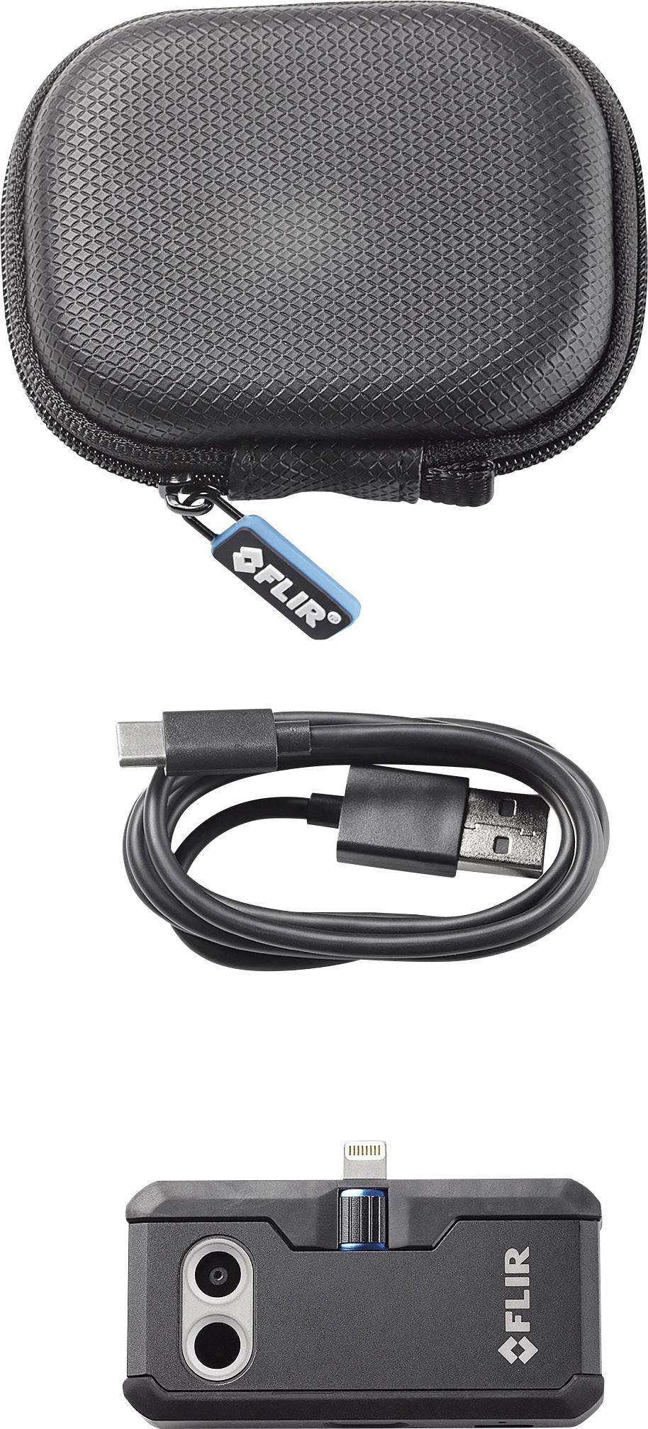 Termografikamera-set med svart förvaringsväska, USB-kabel och kameraadapter för mobila enheter.