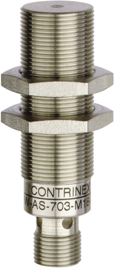En cylindrisk, metallisk sensor från Contrinex med gänga och två kontermuttrar, modell 'DW-AS-703-M18'.