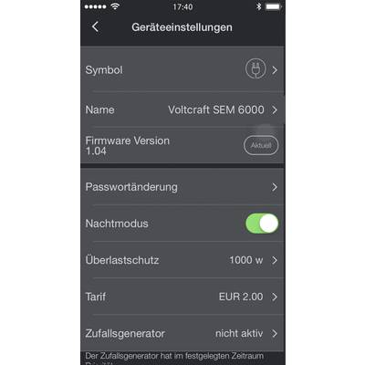 Enhetsinställningar för 'Voltcraft SEM 6000': Firmware-version 1.04 aktuell, nattläge aktiverat, överlastskydd 1000 W, tariff 2,00 EUR.