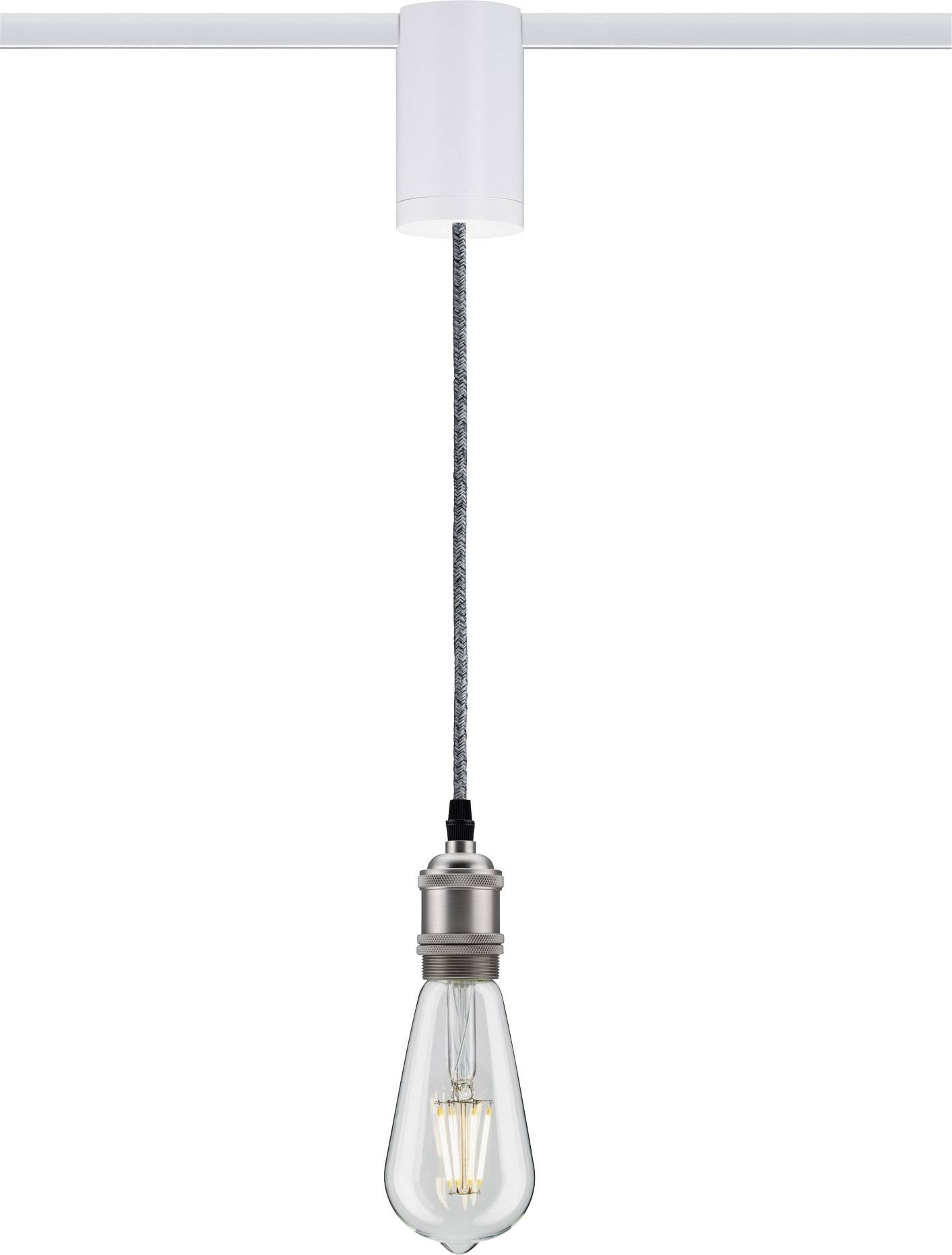 En enstaka glödlampa hänger i en silvergrå kabel från en vit hållare, minimalistisk design i industriell stil.