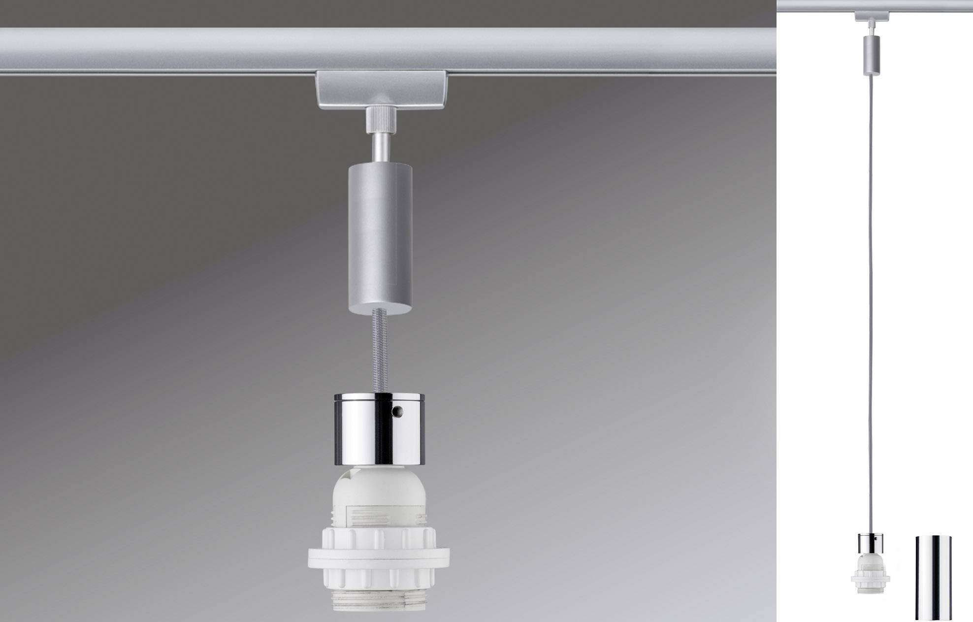 En minimalistisk hängande lampa utan glödlampa, med en silver- och vitdesign, hänger från ett tak.