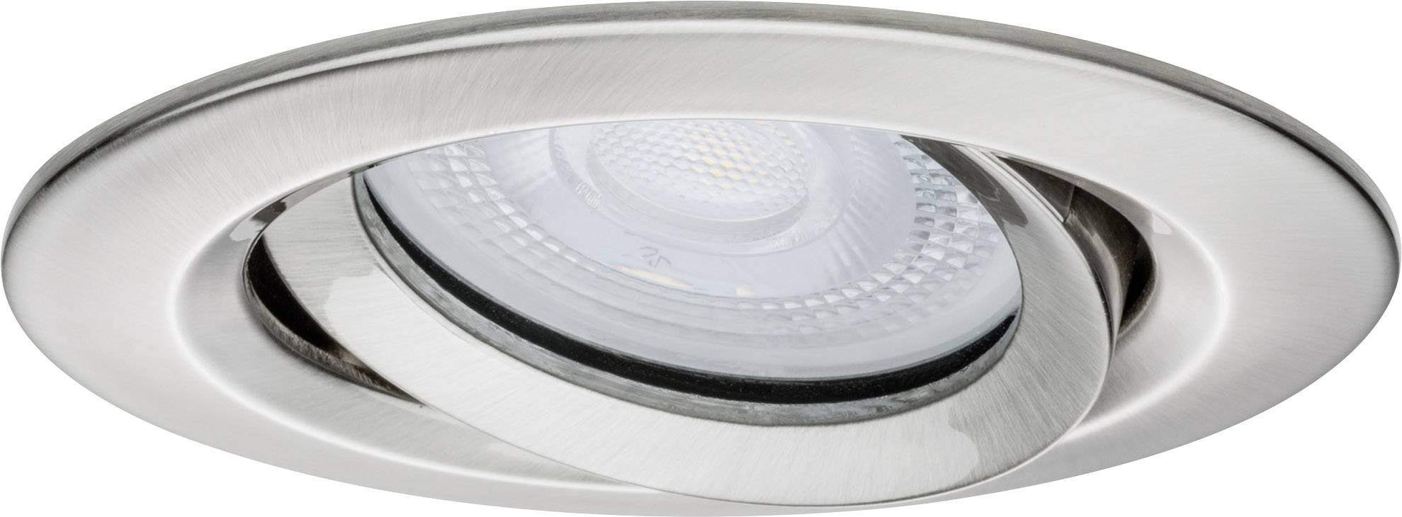 En rund, svängbar infälld takspotlight av borstat metall med en integrerad LED-lampa.