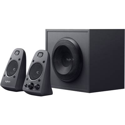 Svart högtalarsystem med två högtalare och en subwoofer, lämpligt för stereoljud och tydlig ljudåtergivning.