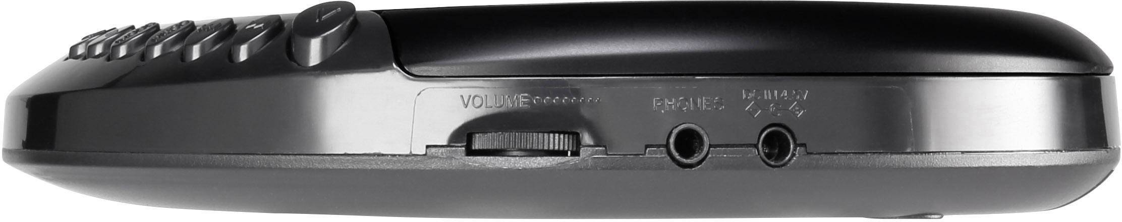 Sidovy av en bärbar CD-spelare med volymreglage och hörlursanslutningar.