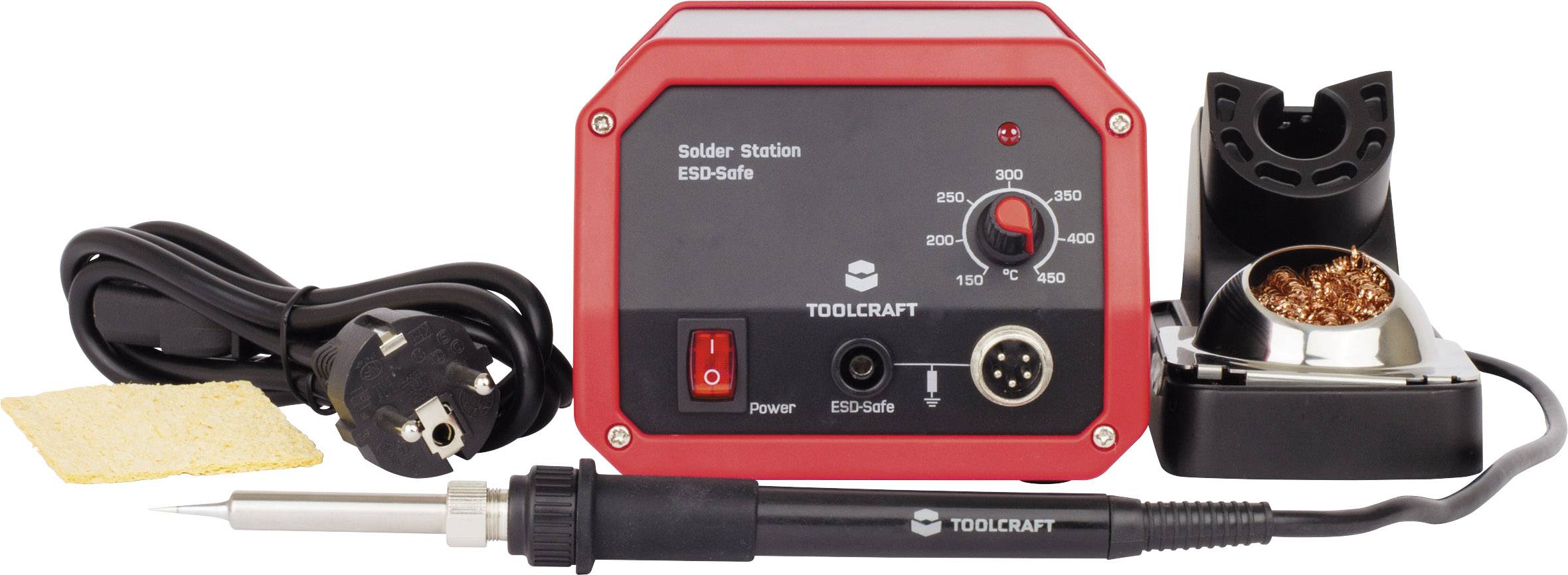 Lödstation med temperaturreglering, lödkolv, nätaggregat, hållare och rengöringssvamp. Idealisk för elektroniskt arbete.