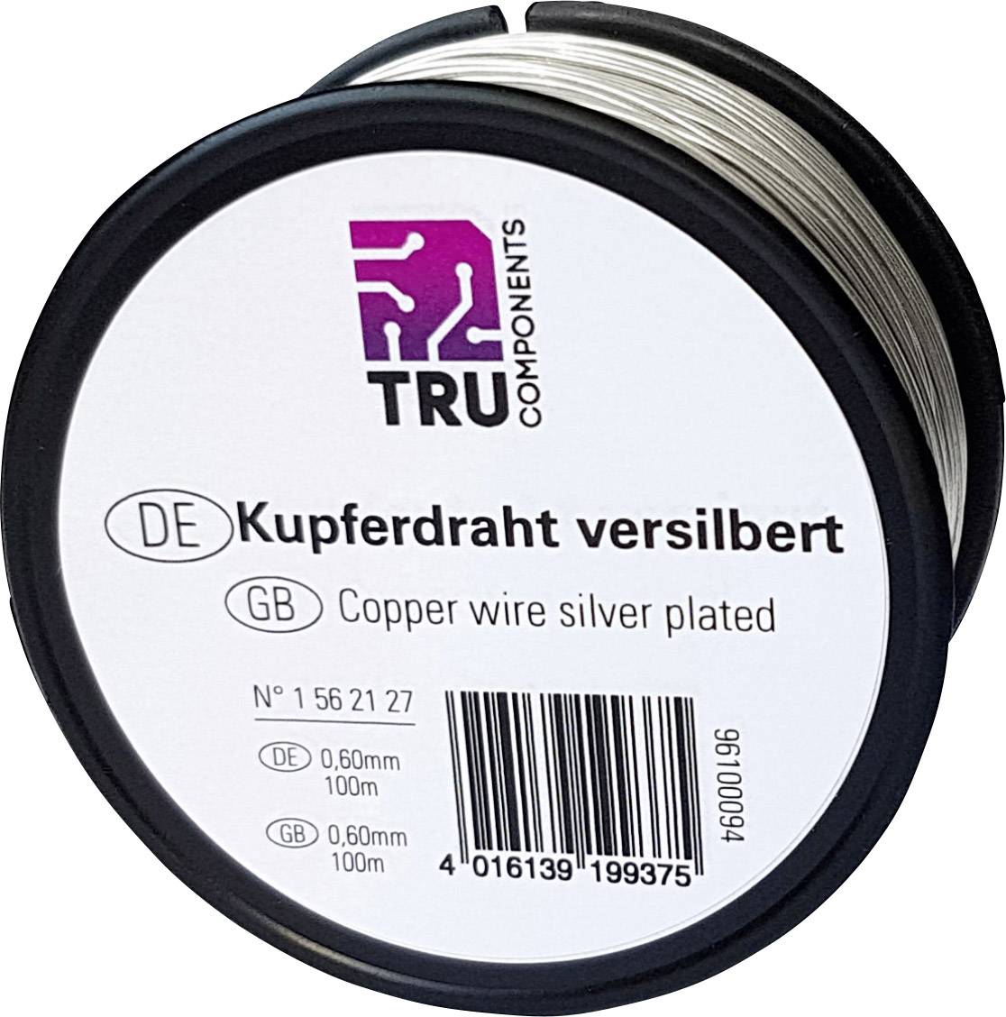 Svart spole med silver-, förtennad kopparlindning. Märkning på spolen: 'Kopparlindning förtennad', 0,60 mm diameter, 100 m längd.