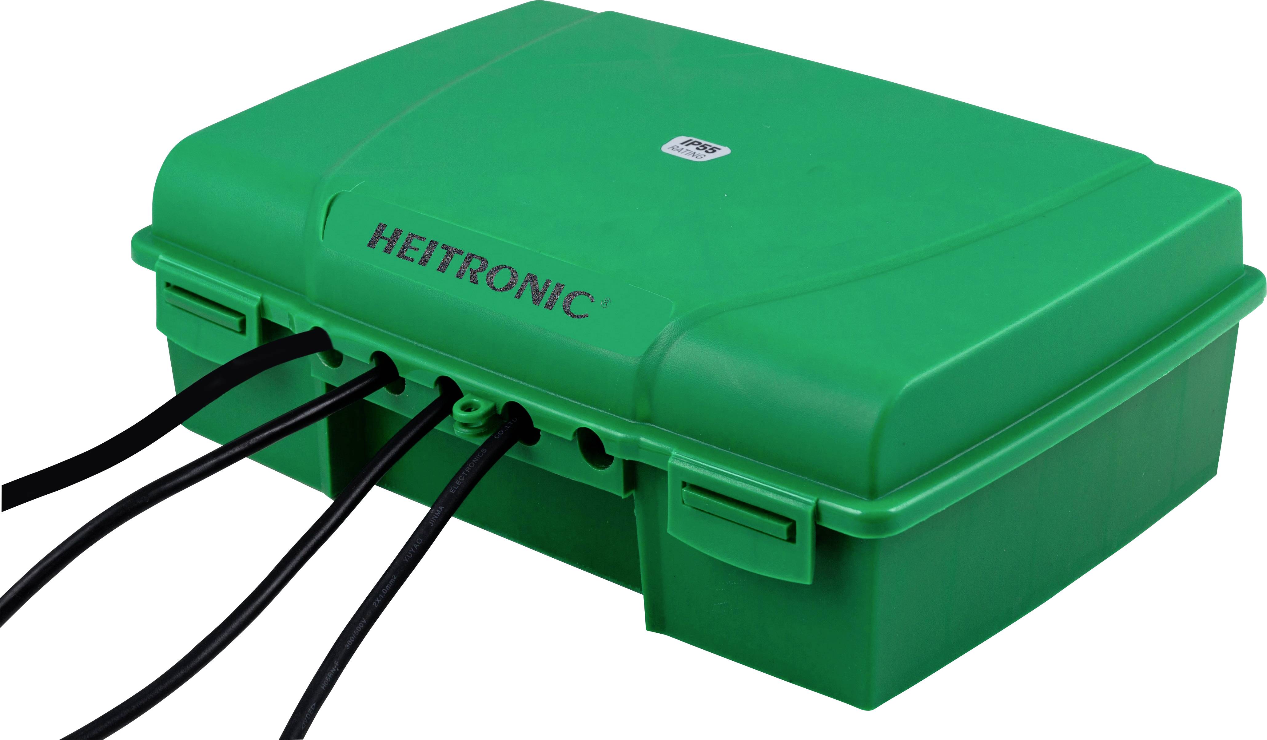 Grön vattentät kabelbox från HEITRONIC med flera svarta kablar anslutna vid framsidan. Lämplig för utomhusbruk.