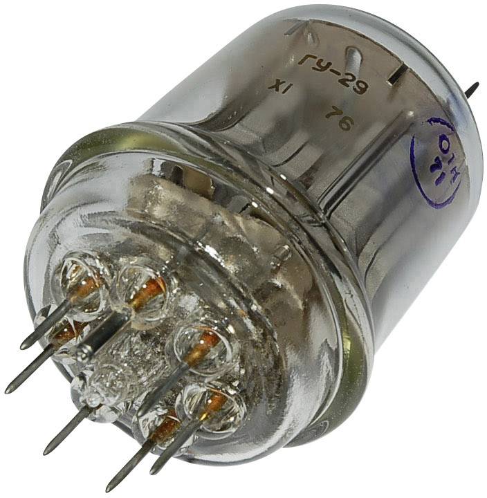 Elektronrör med flera metallstift på undersidan och ett glaslock; sannolikt en teknisk komponent.