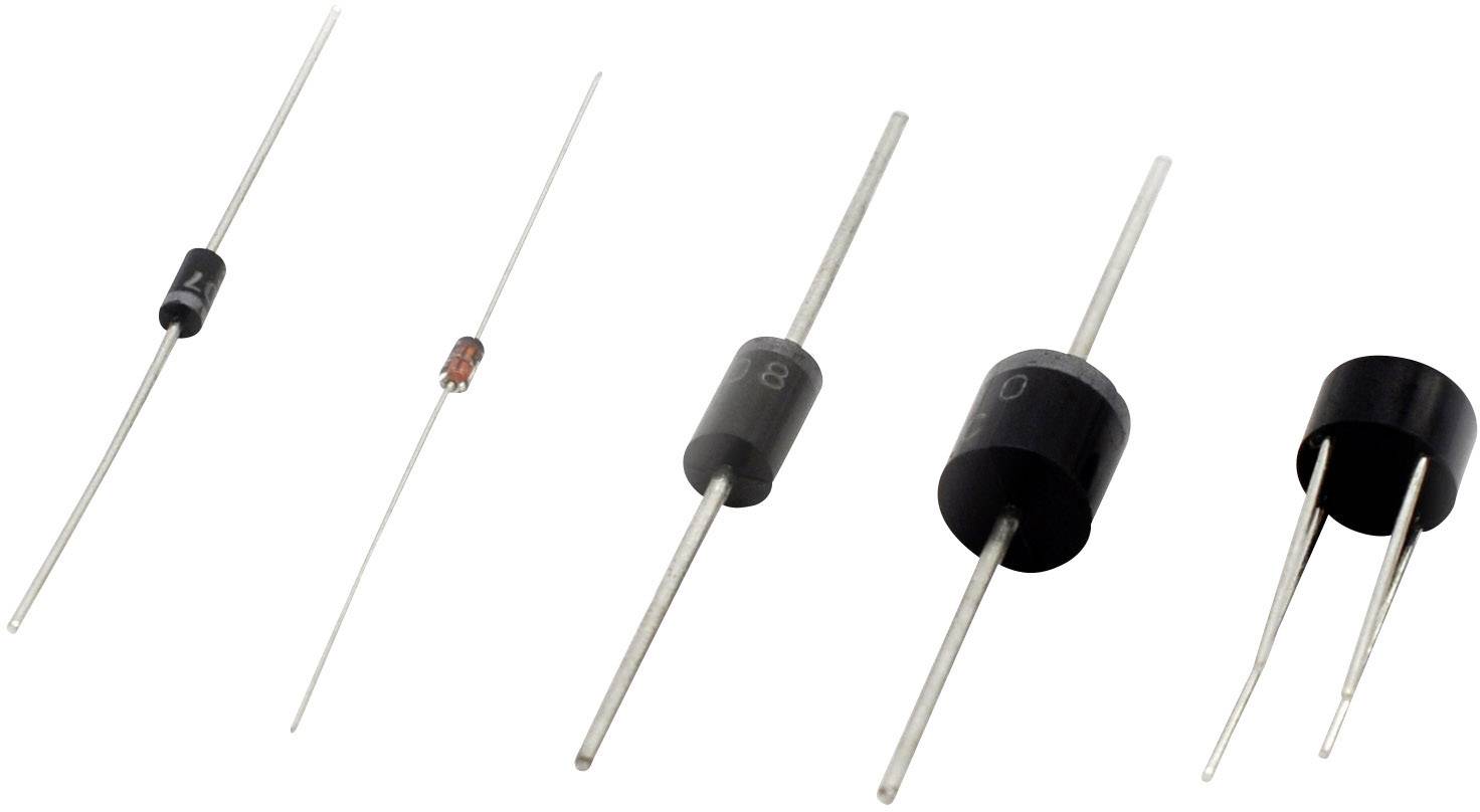 Fem olika dioder, inklusive en Schottky-diod, en Zener-diod samt en standard likriktar-diod, på vit bakgrund.