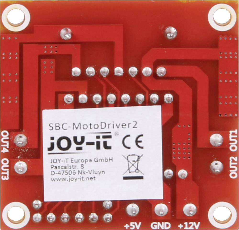 Röd elektronisk kretskort med vita ledningsbanor. I mitten en etikett: 'SBC-Moto-Driver2, JOY-IT Europa GmbH'.