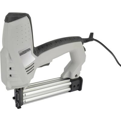 Elektrisk häftpistol med grått hölje och svart handtag, används för att fästa material, kabel ansluten.