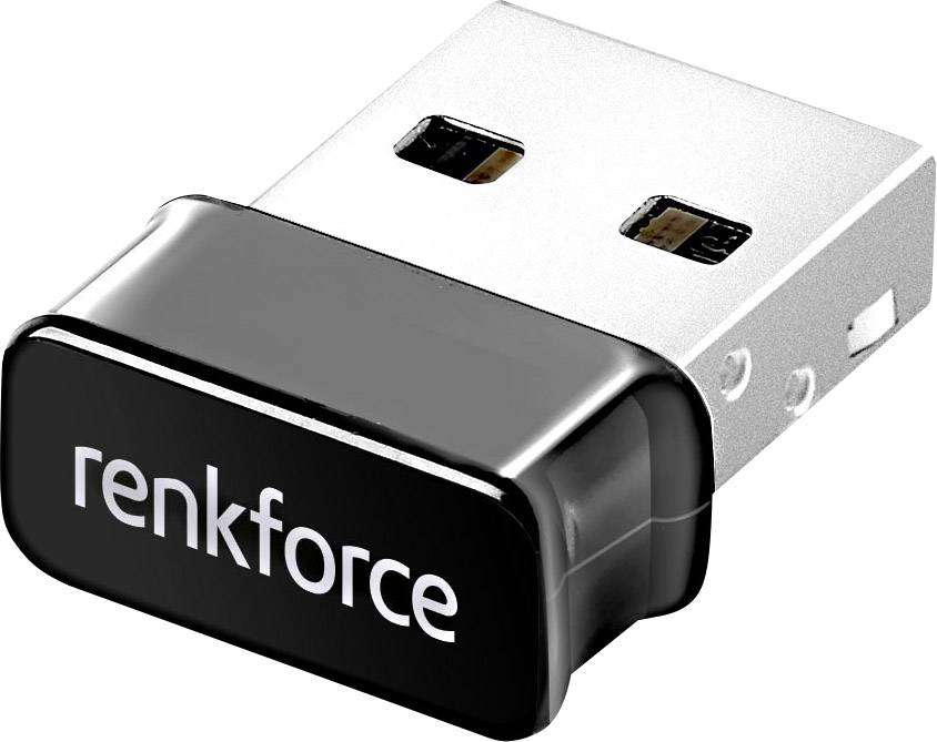 USB WLAN-sticka från Renkforce. Kompakt design, svart med silvrig kontakt. Lämplig för trådlösa nätverksanslutningar.