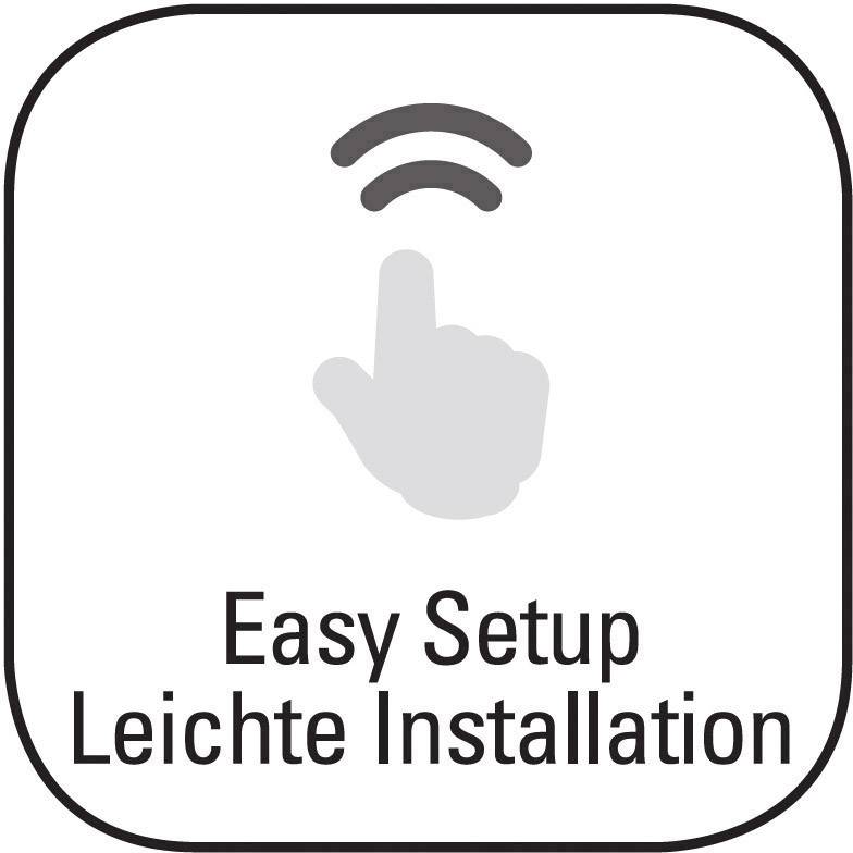En symbol med ett finger som pekar på en WLAN-signal. Under den står det: 'Easy Setup Lätt installation'.
