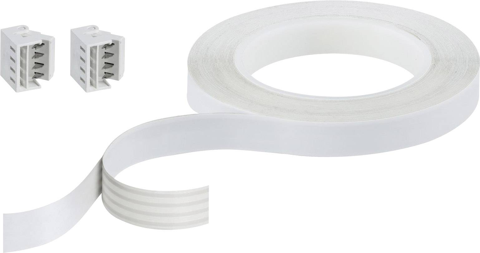 En rulle av ett vitt elinstallationsband med två grå anslutningsklämmor bredvid. Bandet är delvis upprullat.