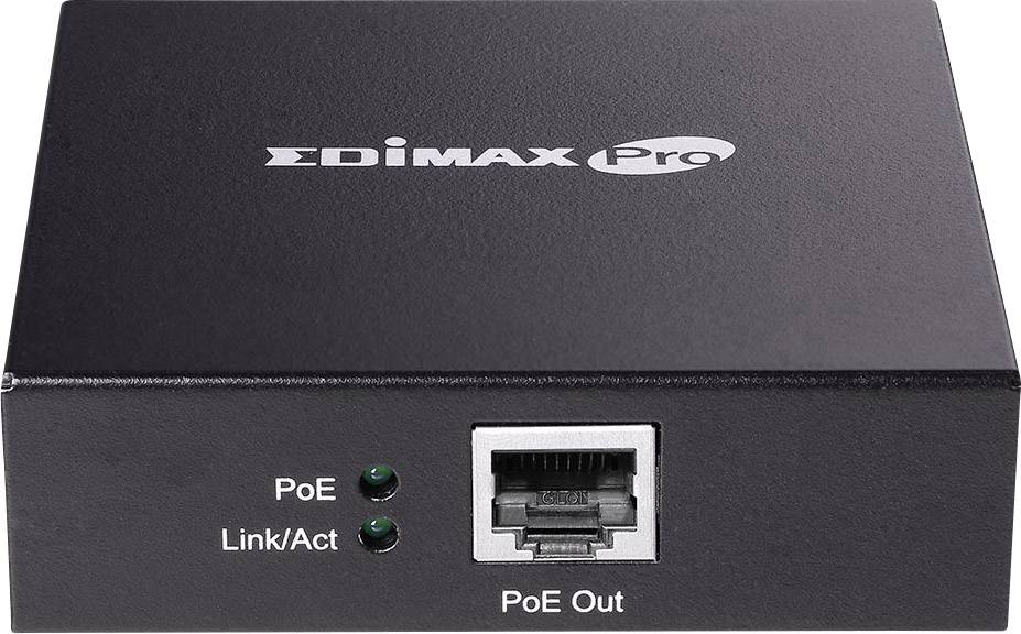 Svart nätverksswitch från EDIMAX Pro med PoE (Power over Ethernet) och statuslysdioder för PoE samt länk/aktivitet.