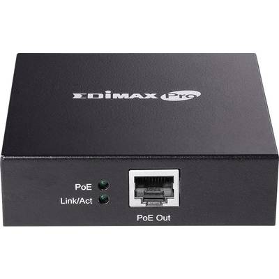 Svart nätverksswitch från EDIMAX Pro med PoE (Power over Ethernet) och statuslysdioder för PoE samt länk/aktivitet.